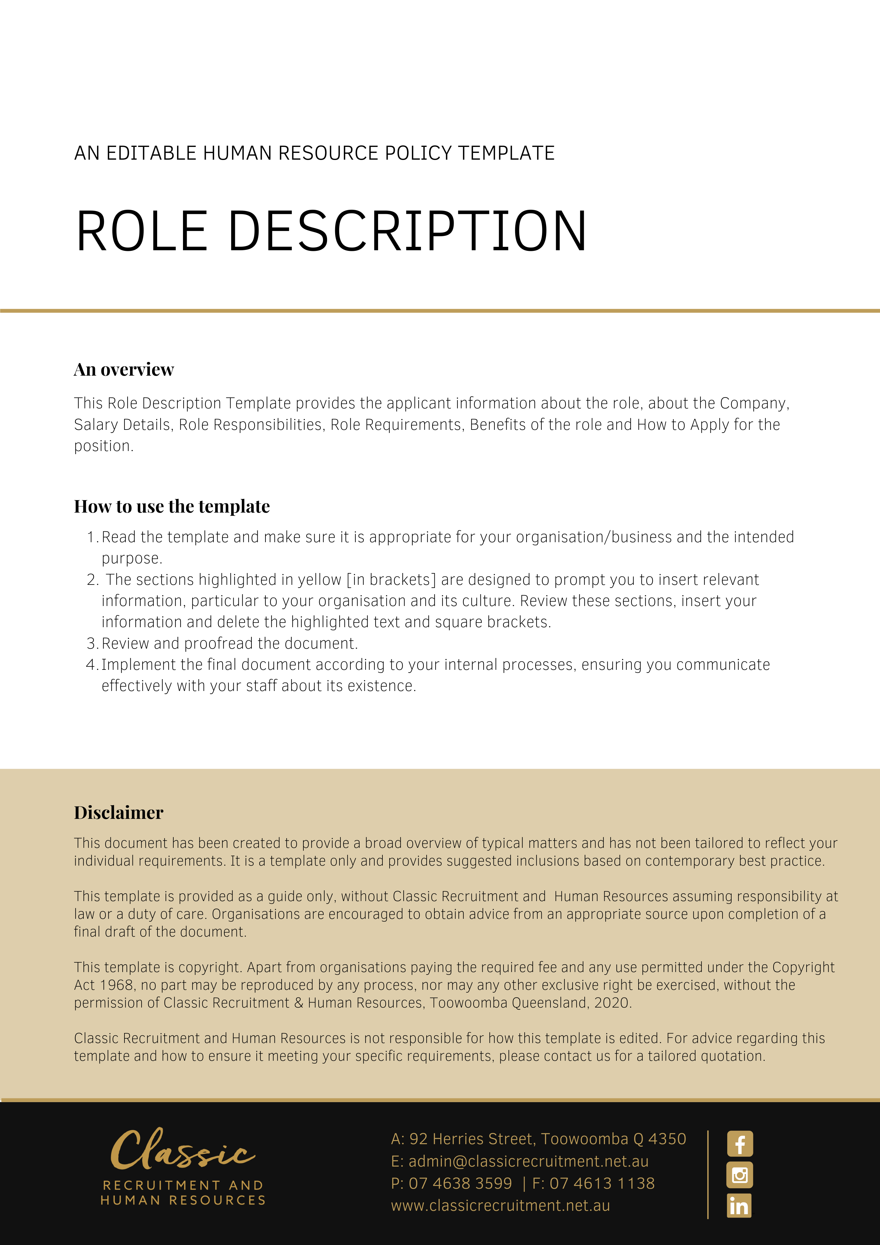 HR Template Role Description Classic Recruitment Human Resources